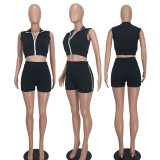 Solid Zipper Crop Tops And Shorts Two Piece Set YD-8746