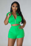 Solid Zipper Crop Tops And Shorts Two Piece Set YD-8746