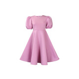 Plus Size Solid Round Neck Puff Sleeve Dress GATE-D330