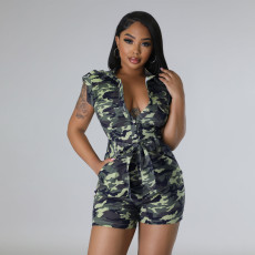Camouflage Print Hollow Out Tie Up Romper HNIF-2312