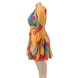 Plus Size Printed V-neck Dress With Belt OSIF-20858