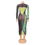 Fashion Sexy Mesh Printed Long Sleeve Midi Dress GOSD-1268