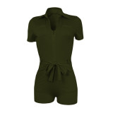 Solid Color Short Sleeve Romper(With Waist Belt) YIY-5364