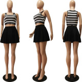 Striped Print Vest Pleated Skirt Sports Home Set CM-8686