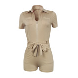 Solid Color Short Sleeve Romper(With Waist Belt) YIY-5364
