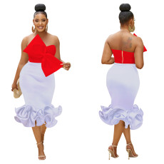 Fashion Bow Wrap Chest Midi Skirt Two Piece Set GFYX-6397