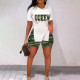 Letter Print Slim Slit Tops And Camo Shorts Two Piece Set LSD-1125