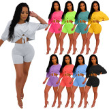 Solid Color Tie Up Crop Tops And Shorts Two Piece Set XMY-9427