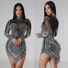 Solid Mesh Hot Drill Long Sleeve Mini Dress BY-6371