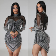 Solid Mesh Hot Drill Long Sleeve Mini Dress BY-6371
