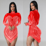 Solid Mesh Hot Drill Long Sleeve Mini Dress BY-6371