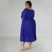 Plus Size Solid Lantern Sleeve Pleated Midi Dress NNWF-7873