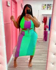 Plus Size Color Blocking Sleeveless Two Piece Skirts Set OM-L746