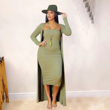 Solid Color Long Cardigan Coat And Dress Two Piece Set OM-L780
