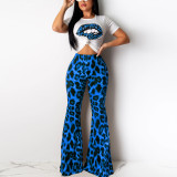 Plus Size Leopard Lips Print T Shirts And Flare Pants Two Piece Set SH-390491
