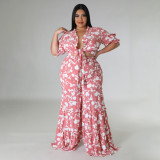 Plus Size Print Tie Up Tops And Wide Leg Pants 2 Piece Set BMF-0305