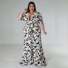 Plus Size Print Tie Up Tops And Wide Leg Pants 2 Piece Set BMF-0305
