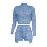 Solid Color Long Sleeve Casual Two Piece Shorts Set YIY-5363