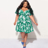 Plus Size Print V Neck Midi Dress NNWF-7879