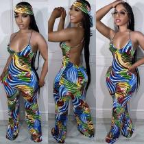 Sleeveless Sling Painted Print Backless jumpsuit(With Headscarf) LSL-6516