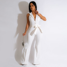 Solid Sleeveless Lapel Neck Micro Flare Jumpsuit MIL-L491