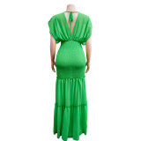 Solid Pleated Deep V Neck Maxi Dress BY-6363
