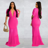 Solid Pleated Deep V Neck Maxi Dress BY-6363