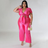 Plus Size Solid Color Tie Up And Wide Leg Pants Two Piece Set NNWF-7888