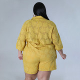 Plus Size Solid 3/4 Sleeve Chiffon Top Two Piece Shorts Set NNWF-7883