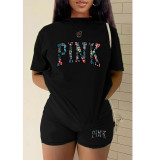 Plus Size PINK Letter Print T-shirt And Shorts Two Piece Set GMZD-M3111P41