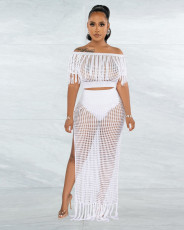 One Shoulder Woolen Knit Slit Skirt Beach Suit ME-8382