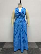 Plus Size Polka Dot Print Tie Up Big Swing Maxi Dress NY-10516