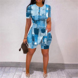 Short Sleeve Print Slit Tops And Shorts Two Piece Set XHSY-8058
