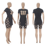 Fashion Print Slit Tops And Shorts Two Piece Set SHD-8058