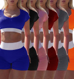 Contrast Color U Neck Yoga Fitness 2 Piece Shorts Set XHSY-19581