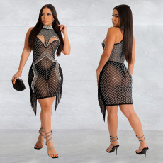 Solid Color Mesh Hot Drill Mini Dress BY-6353