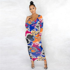 Fashion Print Long Sleeve Maxi Dress(Without Mask) LUO-6608