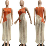 Sexy Knit Color Block Long Dress TK-6295
