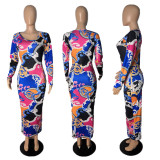 Fashion Print Long Sleeve Maxi Dress(Without Mask) LUO-6608