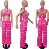 Sexy Stripe Print Halter Tops And Loose Pants Two Piece Set BGN-298