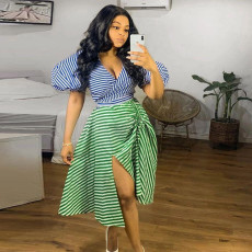 Plus Size Irregular Stripe Contrast Color Two Piece Skirts Set NY-10521