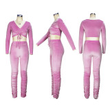 Solid Drawstring Crop Tops And Stacked Pants Two Piece Set XHSY-19821