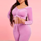 Solid Drawstring Crop Tops And Stacked Pants Two Piece Set XHSY-19821