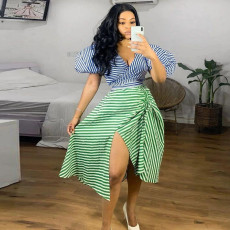 Plus Size Irregular Stripe Contrast Color Two Piece Skirts Set NY-10521