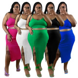 Plus Size Solid Color Sling Vest And Slit Skirt Two Piece Set NNWF-7886
