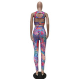 Tie Dye Print Hollow Out Sport Two Piece Pants Set SMD-23009