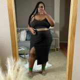 Plus Size Solid Color Sling Vest And Slit Skirt Two Piece Set NNWF-7886