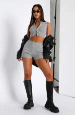 Casual Solid Zipper Sports Home Two Piece Shorts Set MZ-2803