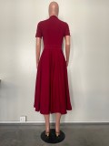Plus Size Solid Pleated Short Sleeve Midi Dress OD-8577