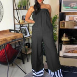 Stripe Print Patchwork Wrap Chest Loose Jumpsuit GDNY-2232